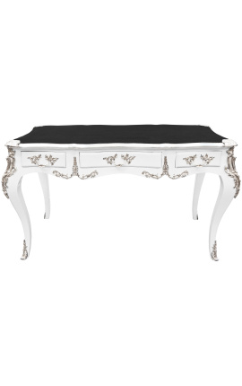Large baroque white Louis XV style desk, 3 drawers, silver bronzes