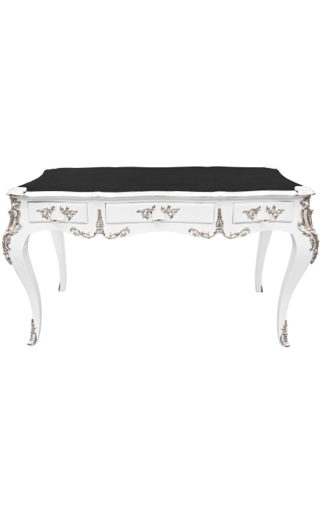 Grand bureau baroque de style Louis XV blanc, 3 tiroirs