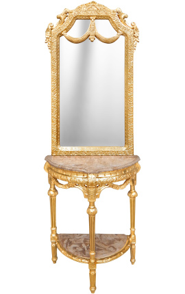 console semicircolare con specchio di legno dorato e marmo beige