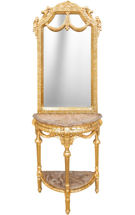 Consola em meia-lua com espelho estilo barroco em madeira dourada e mármore bege