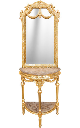 Console demi lune avec miroir de style baroque en bois doré et marbre beige