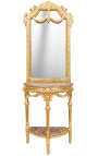 Consola de mitja lluna amb mirall d'estil barroc de fusta daurada i marbre beix