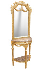 Console de meia lua com espelho de estilo barroco em madeira dourada e mármore bege