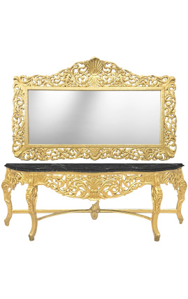 Consola foarte mare cu oglinda din lemn aurit baroc si marmura neagra