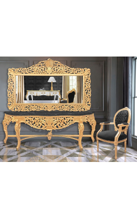 Zeer grote console met spiegel in verguld hout Barok en zwart marmer
