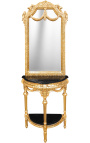 Console de meia lua com espelho de estilo barroco em madeira dourada e mármore preto