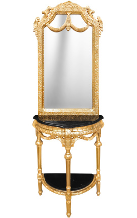 Consola de mitja lluna amb mirall d'estil barroc de fusta daurada i marbre negre