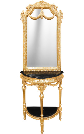 Console demi lune avec miroir de style baroque en bois doré et marbre noir