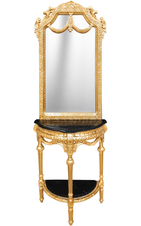 hälften hälften-rund konsol med spegel barock gilt trä och svart marmor
