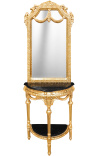 полукръгла конзола с огледало бароково позлатено дърво и черен мрамор - 1