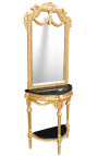 Console de meia lua com espelho de estilo barroco em madeira dourada e mármore preto