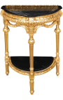 Consolle a mezzaluna con specchiera in stile barocco in legno dorato e marmo nero