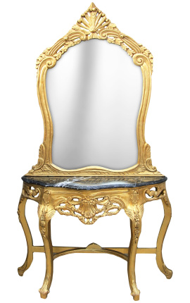 Consola de estilo barroco con espejo en madera dorada y mármol negro