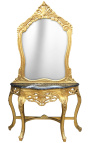 Console avec miroir de style baroque en bois doré et marbre noir
