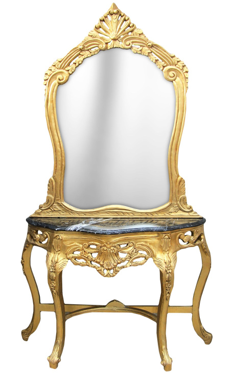 Konsol med spejl i forgyldt træ barok og sort marmor