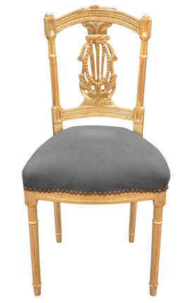 Καρέκλα άρπας με γκρι βελούδινο ύφασμα και χρυσό ξύλο