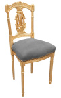 Cadeira de harpa com veludo cinza e madeira dourada