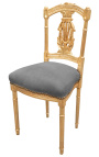 Harp chair with grey velvet fabric and gold wood