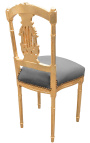 Harpstol med grå sammetstyg och guldträ