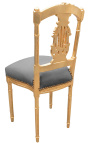 Harfas krēsls ar pelēku sviestu un zelta koka audumu