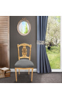 Krzesło Harfa z szarą aksamitną tkaniną i złotym drewnem