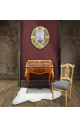 Harp chair with grey velvet fabric and gold wood