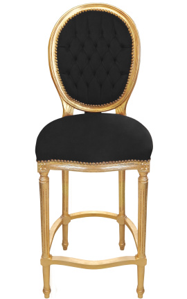 Silla de bar estilo Luis XVI con pompón, tela de terciopelo negro y madera dorada