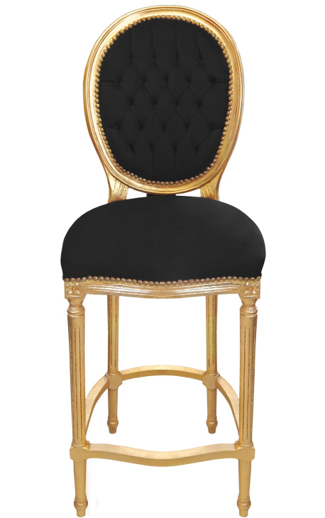 Sedia da bar in stile Luigi XVI con pompon, tessuto in velluto nero e legno dorato