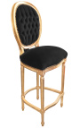 Chaise de bar de style Louis XVI à pompon, tissu velours noir et bois doré