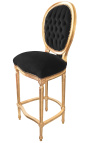 Chaise de bar de style Louis XVI à pompon, tissu velours noir et bois doré