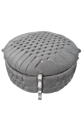 Big baroque round bench trunk Louis XV style grey velvet fabric with rhinestones and silver wood