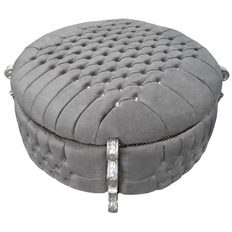 Storage Bench Round Round baroque storage bench grey rhinestones, silver leaf wood