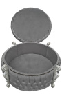 Round baroque storage bench in grey velvet with rhinestones and silver leaf wood - 4