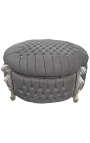 Big baroque round bench trunk Louis XV style grey velvet fabric with rhinestones and silver wood