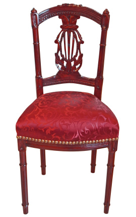 Chaise harpe satiné rouge et bois acajou