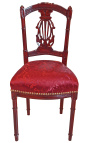 Harp chair Louis XVI style with red satin fabric and mahogany teinted wood color