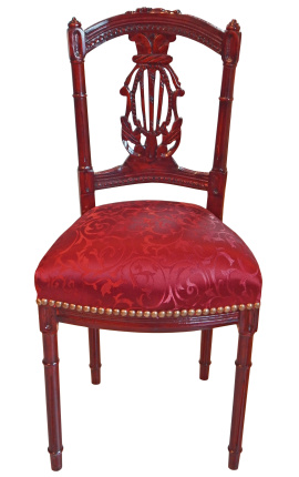 Καρέκλα άρπας στιλ Λουδοβίκου XVI με κόκκινο σατέν ύφασμα και χρώμα ξύλου βαμμένο σε μαόνι