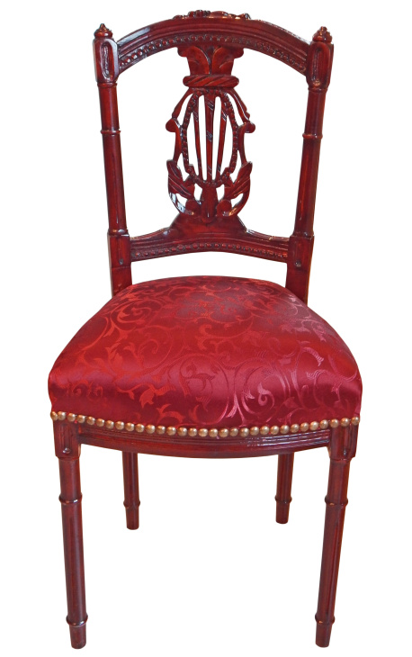 Cadira d'arpa de setí vermell i fusta de caoba