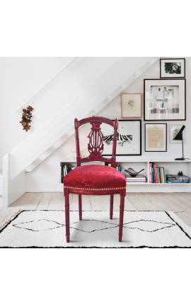 Liudviko XVI stiliaus arfos kėdė su raudonu satino audiniu ir raudonmedžio dažyto medžio spalva