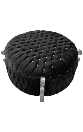 Grande banquette coffre baroque ronde velours noir et strass, bois argenté