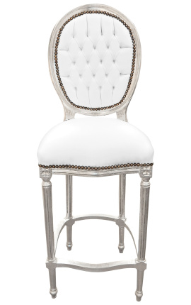 Silla de bar Louis XVI estilo piel blanca y madera de plata