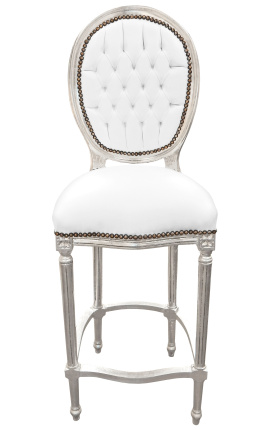Бар стол Луи XVI в стил бяла изкуствена кожа и сребристо дърво