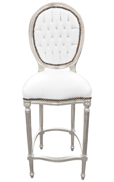 Cadeira de bar estilo Louis XVI couro sintético branco e madeira prateada