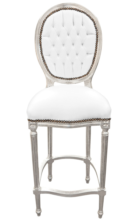 Scaun Louis XVI stil alb din piele albă și lemn de argint - 1