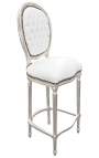 Silla de bar Louis XVI estilo piel blanca y madera de plata