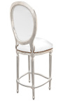 Silla de bar Louis XVI estilo piel blanca y madera de plata