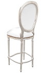 Krzesło barowe w stylu Ludwika XVI, biała skóra i srebrne drewno