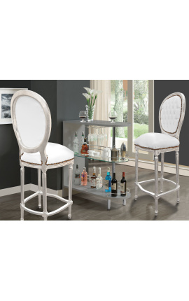 Cadeira de bar estilo Louis XVI couro sintético branco e madeira prateada