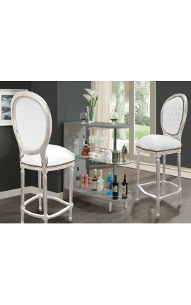 Cadira de bar d&#039;estil Lluís XVI imitació de pell blanca i fusta platejada
