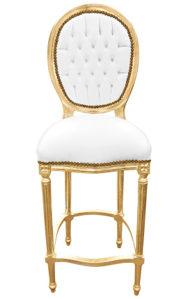Barstuhl im Louis XVI-Stil aus weißem Kunstleder und Goldholz